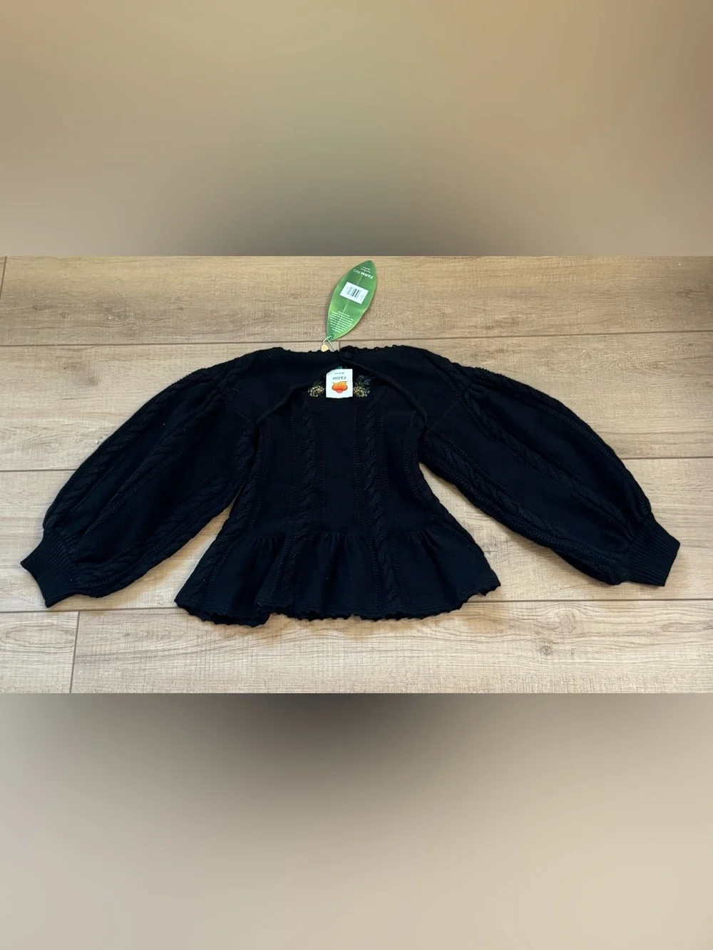 Farm Rio Black Embroidered Sunflower Cable Knit Peplum Sweater Top NWT Medium - Picture 4 of 13